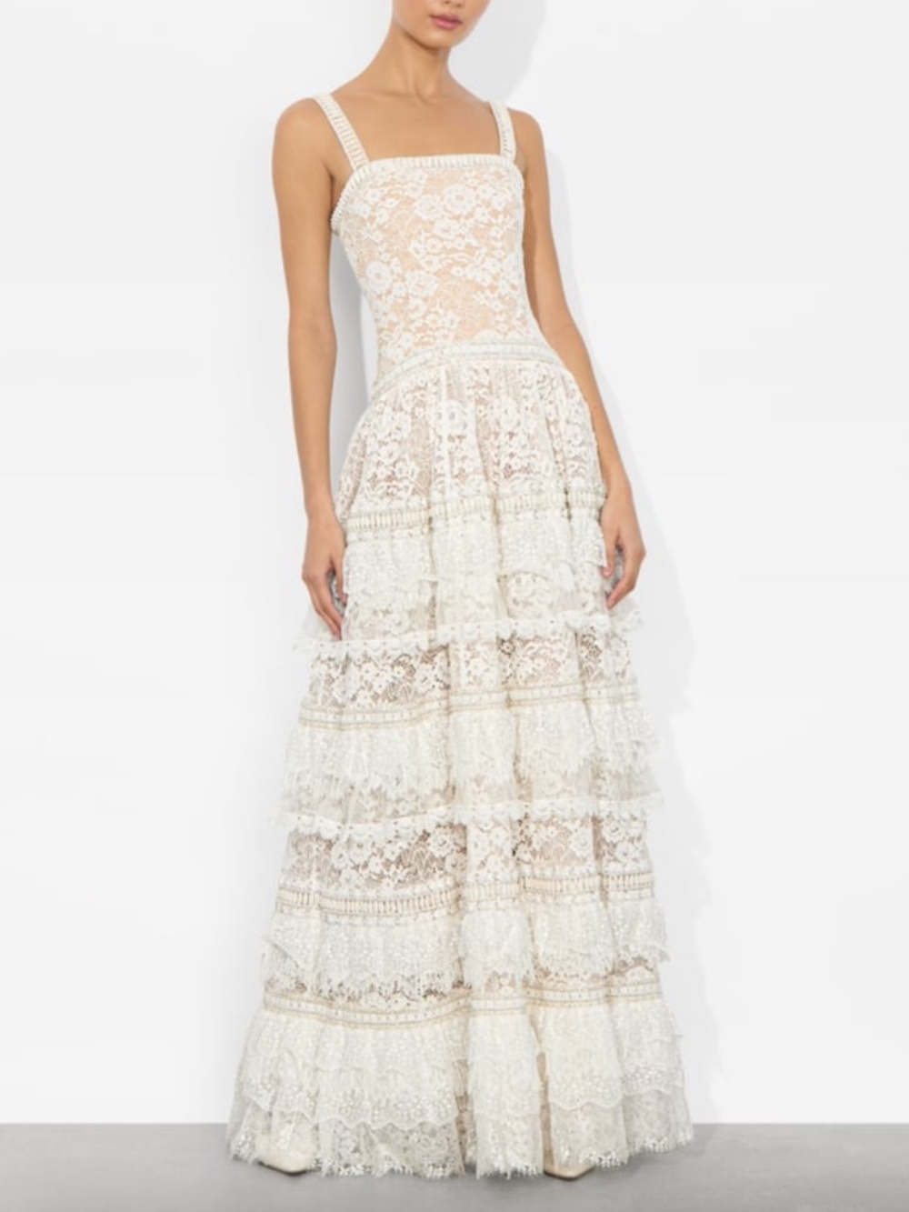 Alice + Olivia ZENA Off White Lace Maxi Dress Tiered Embellished Wedding Size 2